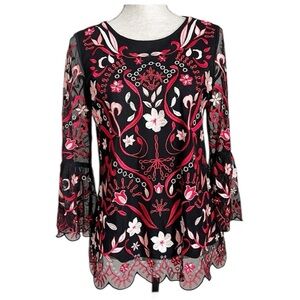 Alfani Embroidered Tunic Top Mesh Overlay Bell Sleeve Boho Floral Medium Petite